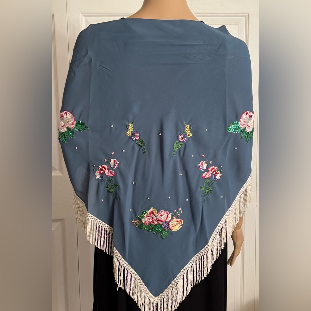 Vtg  Lacy Afternoon Embroidered Fringe Shawl Wrap Blue Floral Beaded Hong Kong